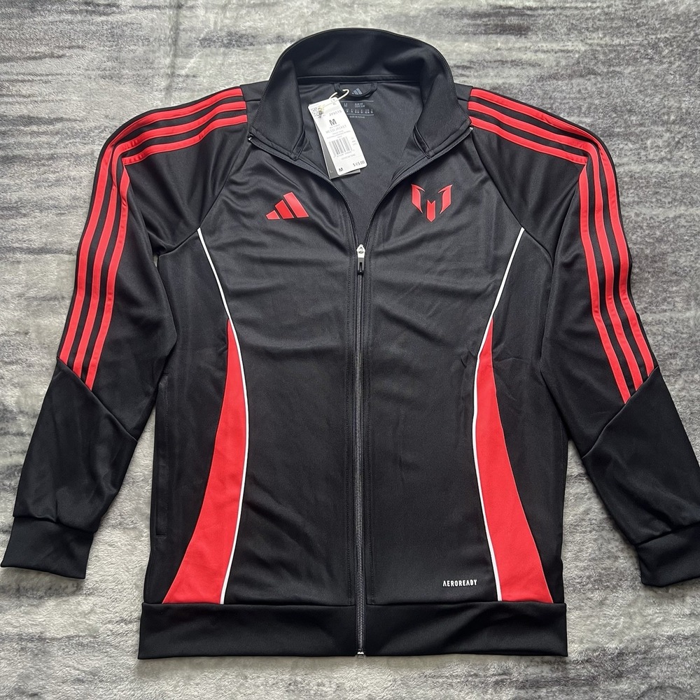 NWT Adidas Messi Track Jacket Mens M Slim Black Red Aeroready Full Zip JY9519